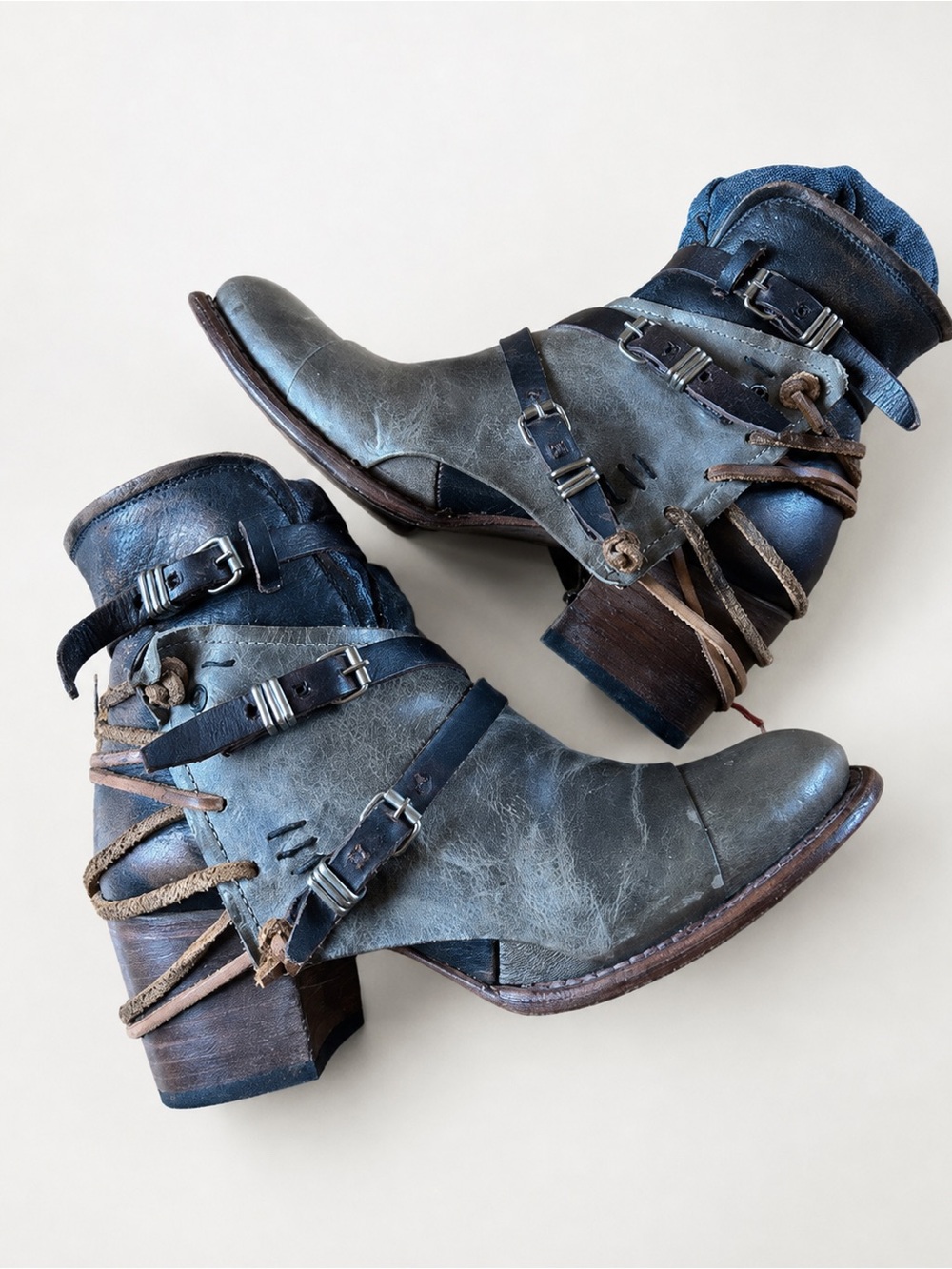 Freebird By Steven Grey Multi Crue Leather Strap Distressed Ankle Moto Boots 9